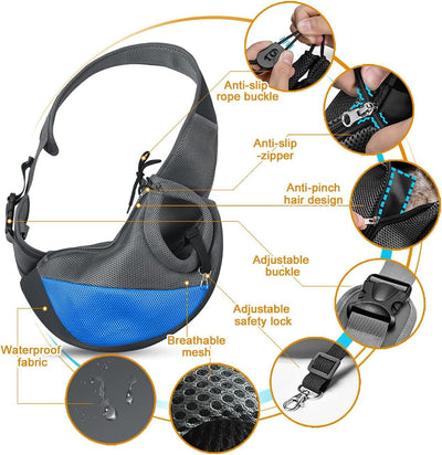 Comfortable and Stylish Dog Sling Carrier with Adjustable Padded Strap and Mesh Pocket for Outdoor Adventures (M - Up to 10 lbs, Blue-Mesh)