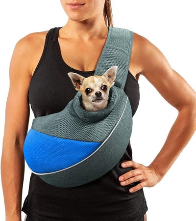 Comfortable and Stylish Dog Sling Carrier with Adjustable Padded Strap and Mesh Pocket for Outdoor Adventures (M - Up to 10 lbs, Blue-Mesh)