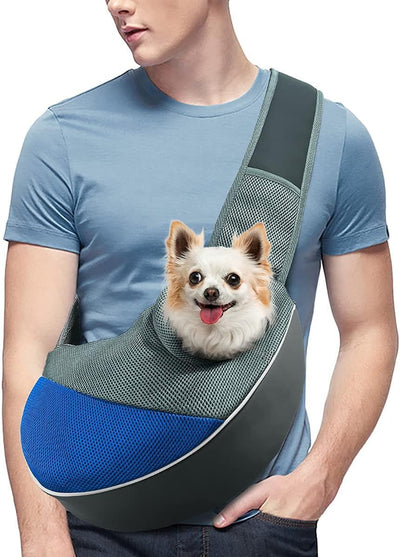 Comfortable and Stylish Dog Sling Carrier with Adjustable Padded Strap and Mesh Pocket for Outdoor Adventures (M - Up to 10 lbs, Blue-Mesh)