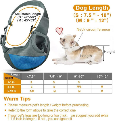 Comfortable and Stylish Dog Sling Carrier with Adjustable Padded Strap and Mesh Pocket for Outdoor Adventures (M - Up to 10 lbs, Blue-Mesh)