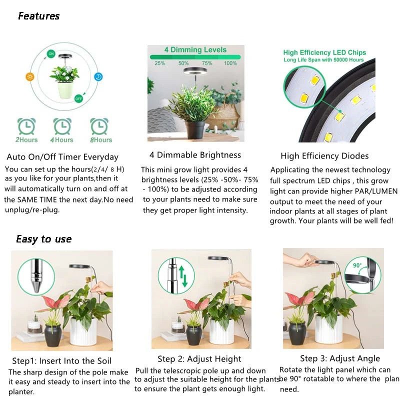 Plant Grow Light LED Growing Lamp Full Spectrum for Indoor Plants Height Adjustable Auto Timer 5V Idea for Small Plant Light