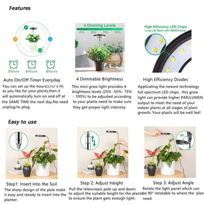 Plant Grow Light LED Growing Lamp Full Spectrum for Indoor Plants Height Adjustable Auto Timer 5V Idea for Small Plant Light